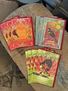 Set of Illustrated Holiday Greeting Cards in Red, Green, Gold- 10 cards total